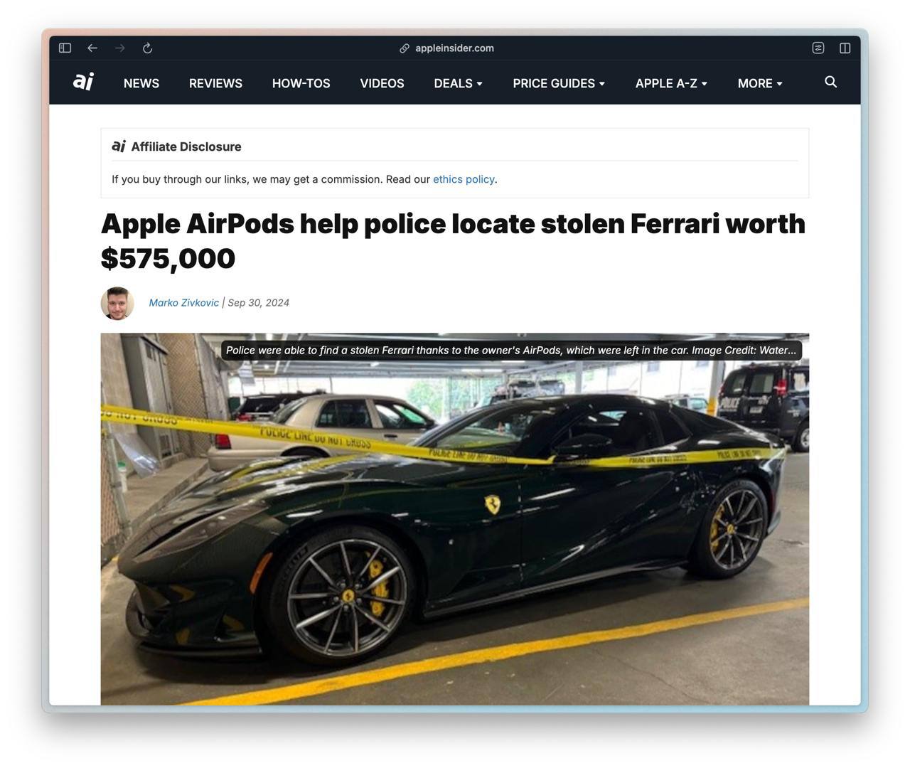 Забытые AirPods помогли найти угнанную Ferrari за $575 тыс | Технологии