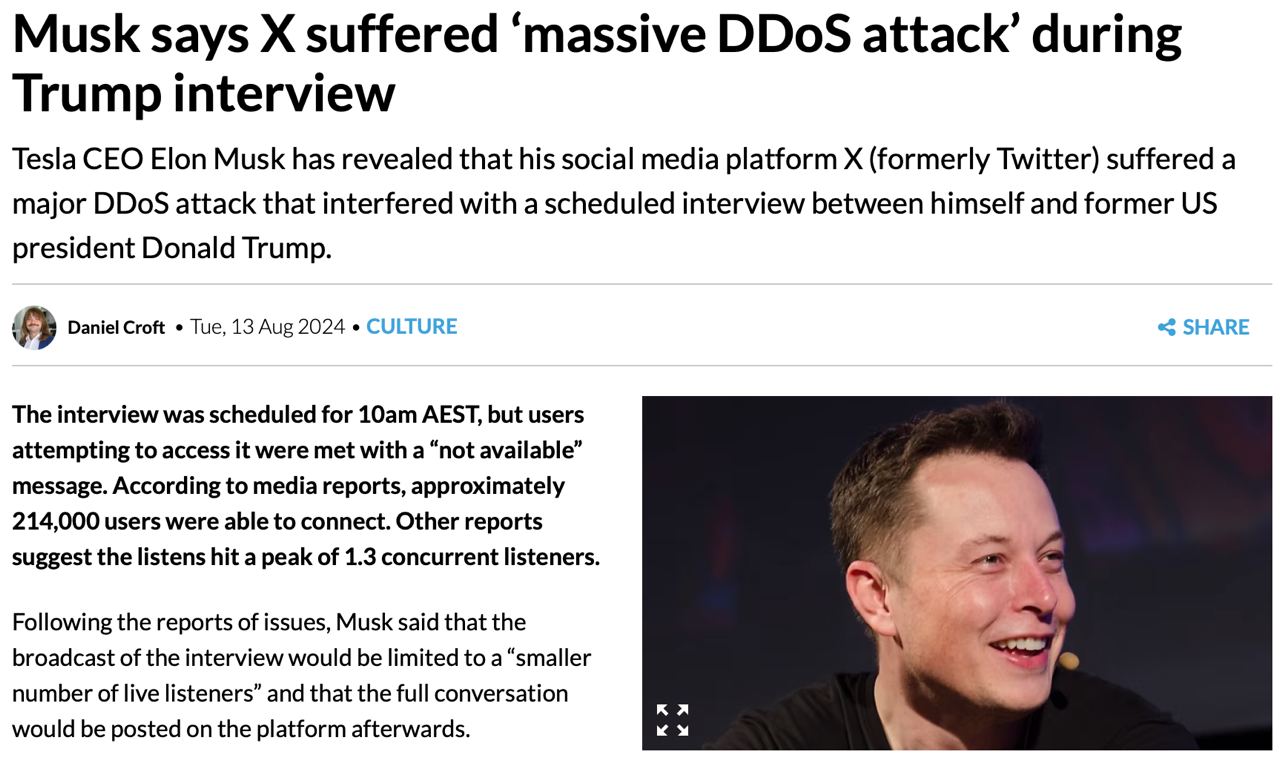 X (бывший Twitter) подвергся массовой DDoS-атаке во время интервью, которое Д | Хакинг & IT