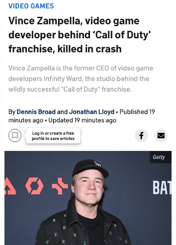 Умер создатель Сall of Duty, Titanfall и BF6 Винс Зампелла, передают местные | Тревожные новости