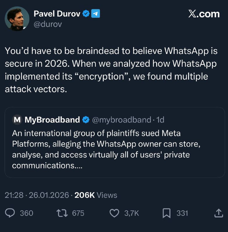 «Нужно быть полным глупцом, чтобы поверить в безопасность WhatsApp* в 2026 го | Все про Телеграм