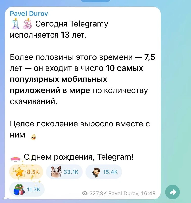 Дуров* поздравил Telegram с днем рождения. | Все про Телеграм