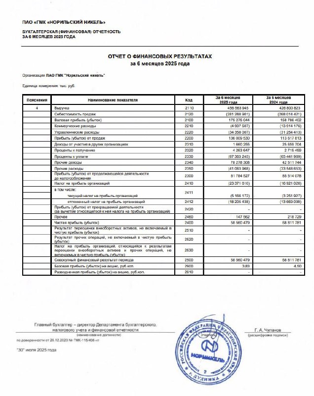 🖨 Норникель: РСБУ 1П2025 | Мир инвестиций