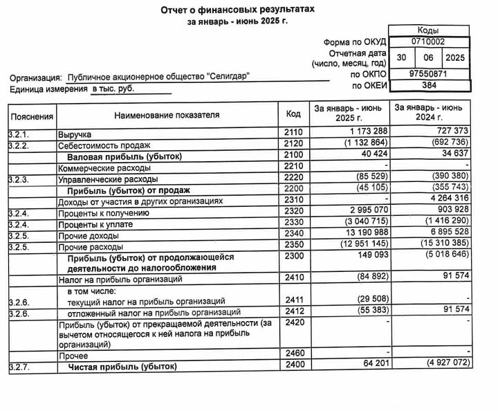 🖨 Селигдар: РСБУ 1П2025 | Мир инвестиций
