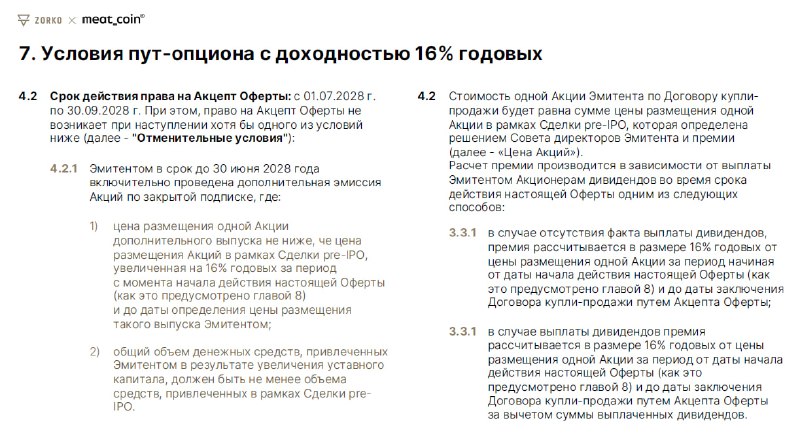 Условия Пут-опциона с доходностью 16% годовых Meat_Coin | Мир инвестиций