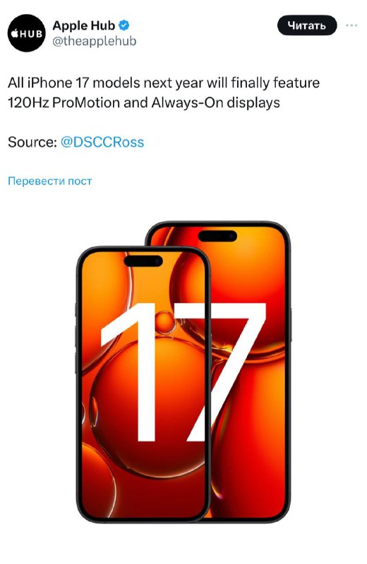 Инсайдеры сообщают, что все модели iPhone 17 будут иметь поддержу 120 Гц и фу | Бизнес наизнанку