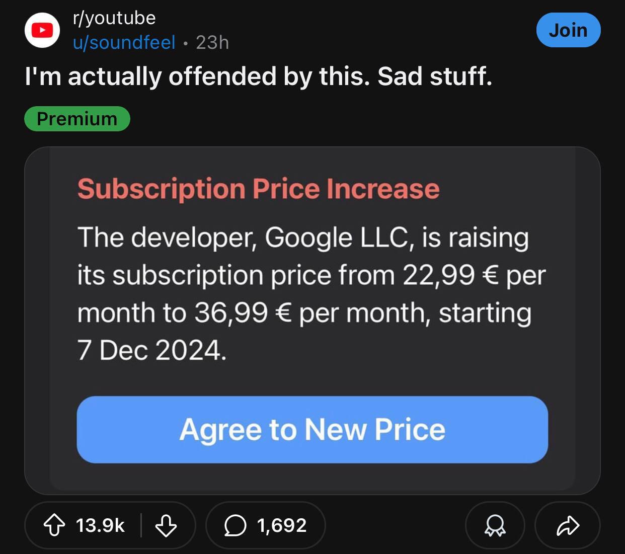 YouTube Premium снова дорожает - европейские пользователи делятся скриншотами | Бизнес наизнанку