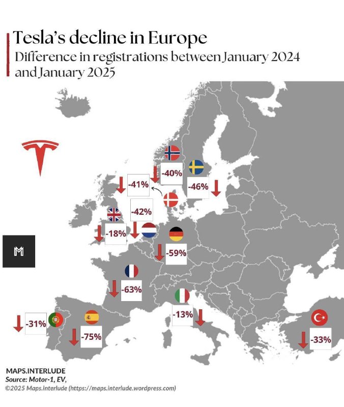 📉Как упали продажи Tesla в странах Европы в 2025 году (сравнение с 2024 годом | Бизнес наизнанку