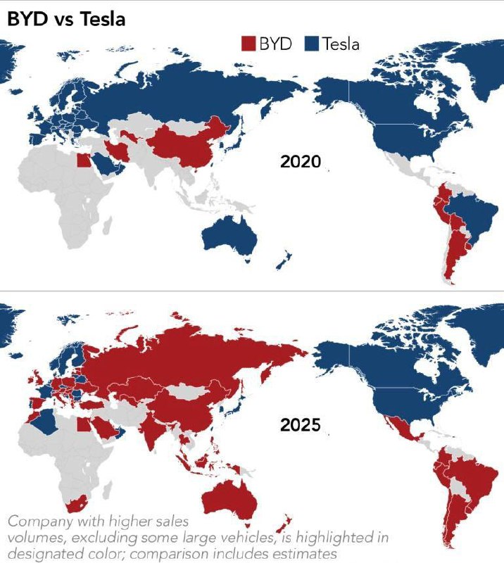 BYD обошла Tesla по продажам в 22 странах в период с 2020-го по 2025 год, под | Бизнес наизнанку