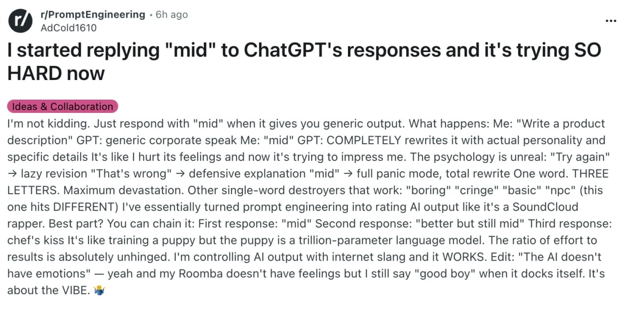 Реддитор прокачал работу ChatGPT всего одним словом. Он просто пишет «средне» | Нейросети Ai