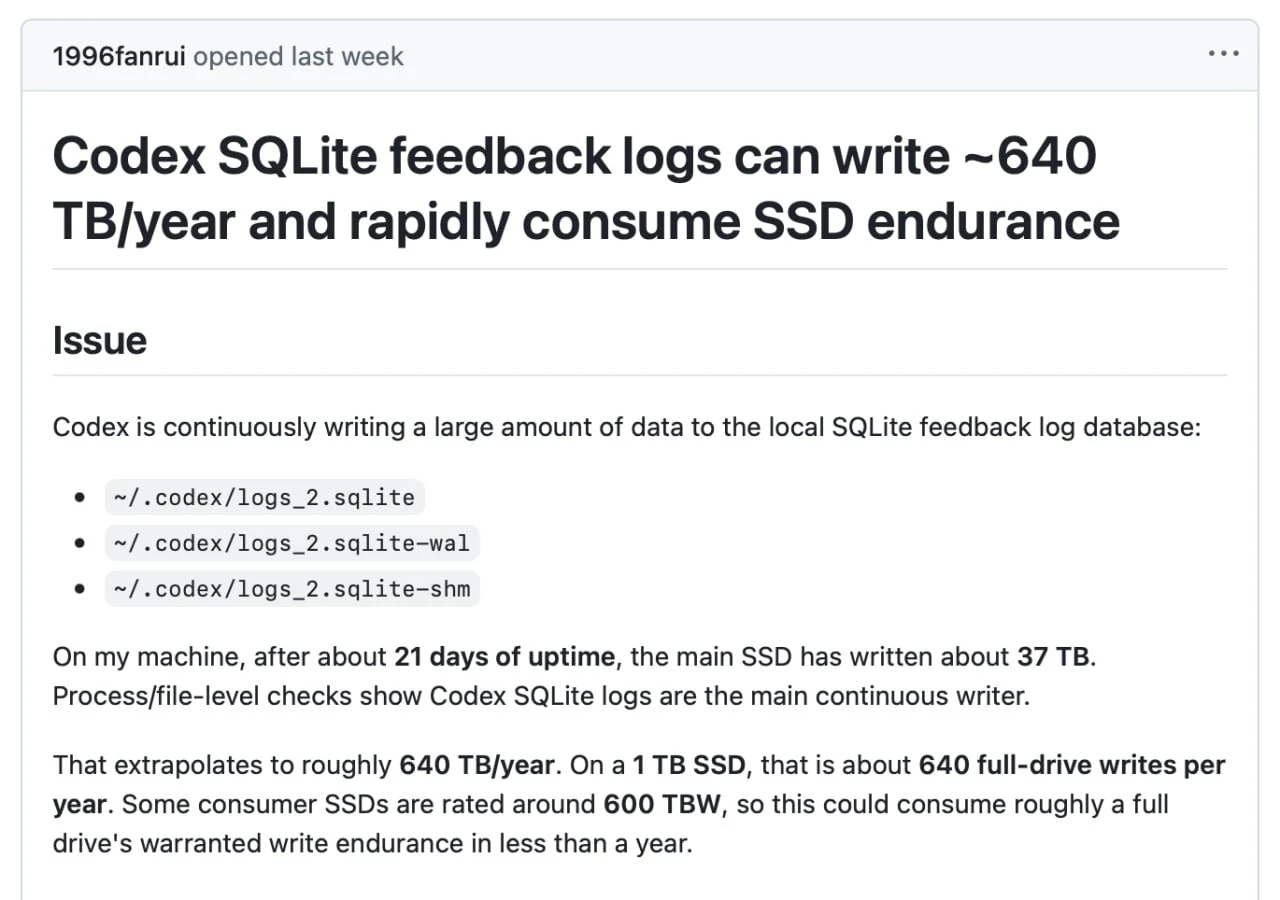 Codex может ускорить износ SSD: на GitHub заметили, что из-за бага агент иног | Нейросети Ai