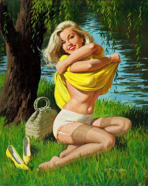 Классический пин-ап от американского художника Arthur Sarnoff. Под ивой | Пин-ап девушки
